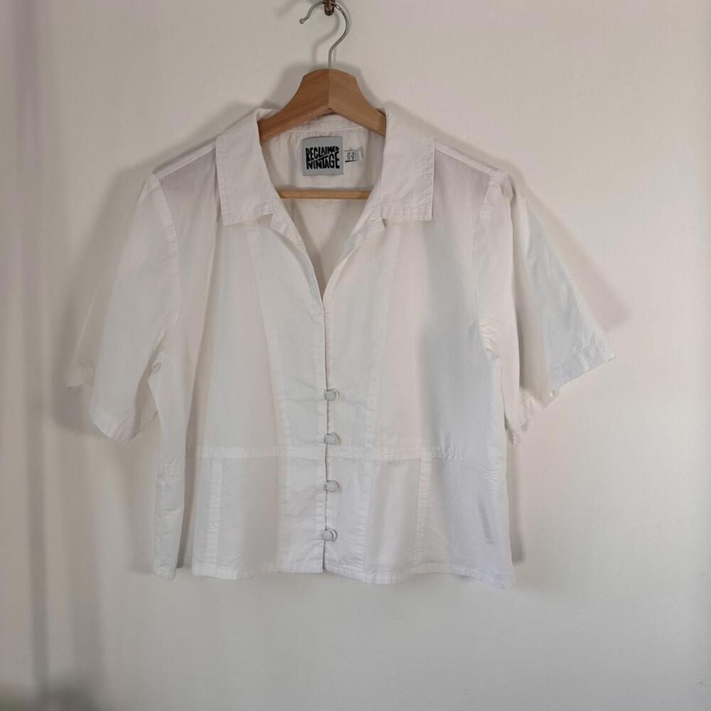 Reclaimed Vintage White Short Sleeve Button Up Top US 10 Cropped Cotton 90s